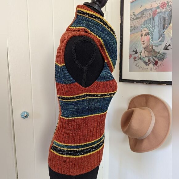 Free People Carly Striped Cowl Neck Sleeveless Sweater Top S Boho Hippie 70s - Picture 7 of 14